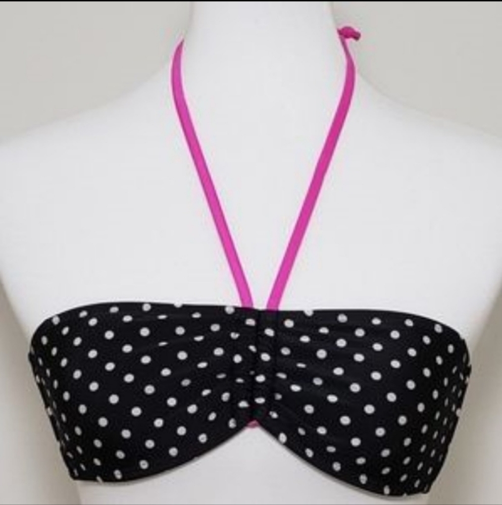 Plunge NWOT! bikini top black/white polka dot with pink ties 🤍SMALL